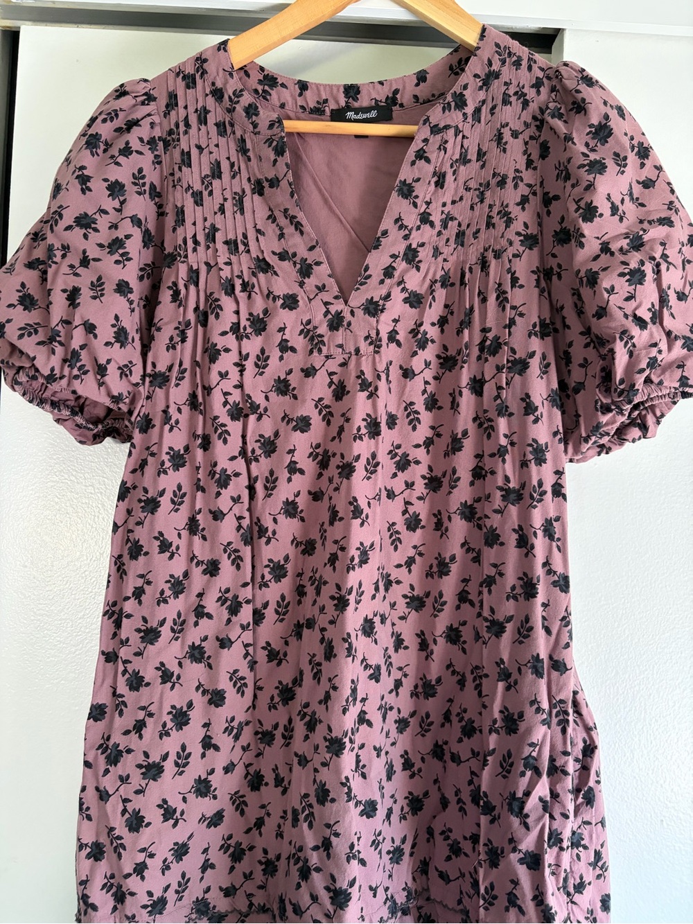 Madewell Mauve Floral Pintuck Puff-Sleeve Mini Dress